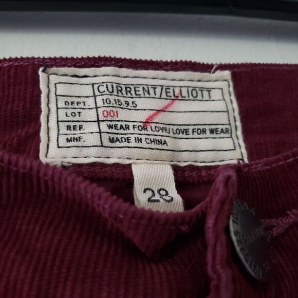 Current/Elliott Burgundy Corduroy Raw Hem Pants 28 - Picture 2 of 8